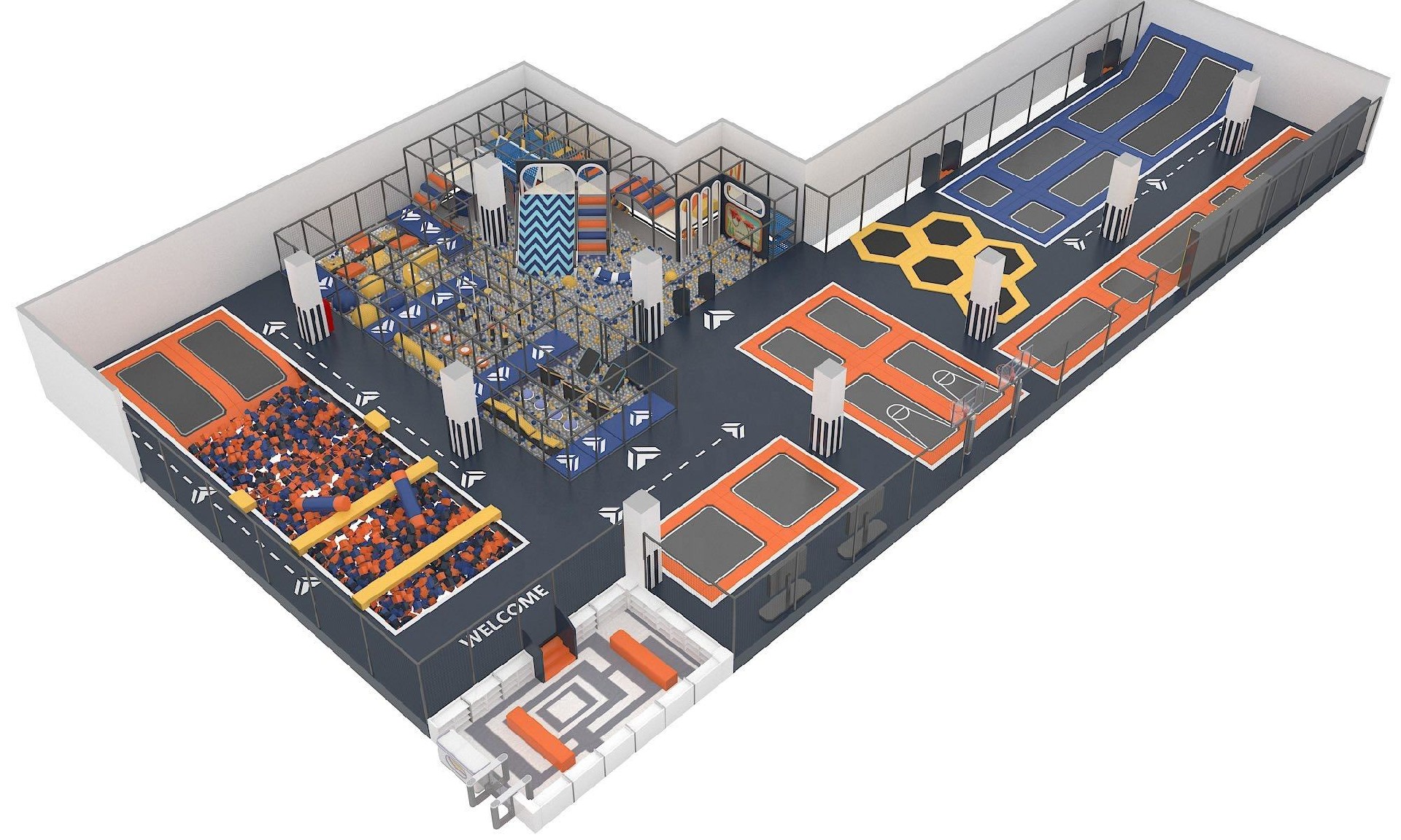 Indoor trampoline, trampoline, rock climbing and sliding rope multifunctional park
